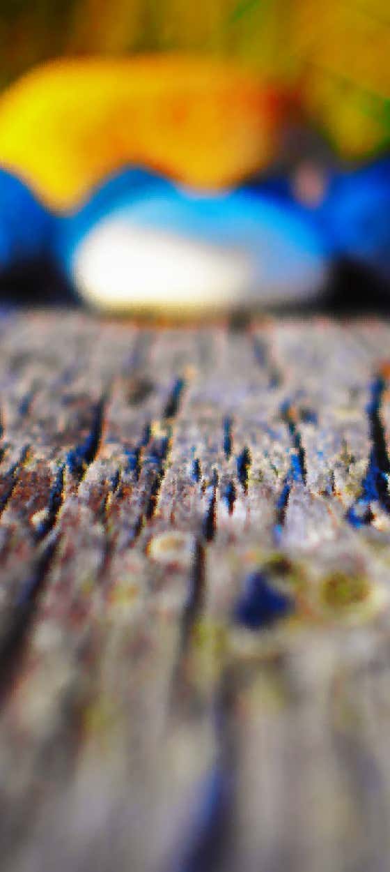 Nahaufnahme mit geringer Tiefenschärfe einer Holz-Sitzbank mit  rund gewaschenen Steinen im Hintergrund, am Strand